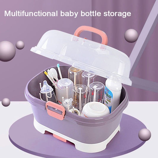 All-in-One Hygienic Baby Bottle Storage Organizer with Transparent Cover | Portable Bottle Dryer & Station for Pacifiers, Sippy Cups, and Pump Parts.