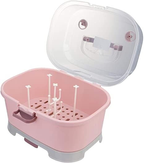 All-in-One Hygienic Baby Bottle Storage Organizer with Transparent Cover | Portable Bottle Dryer & Station for Pacifiers, Sippy Cups, and Pump Parts.