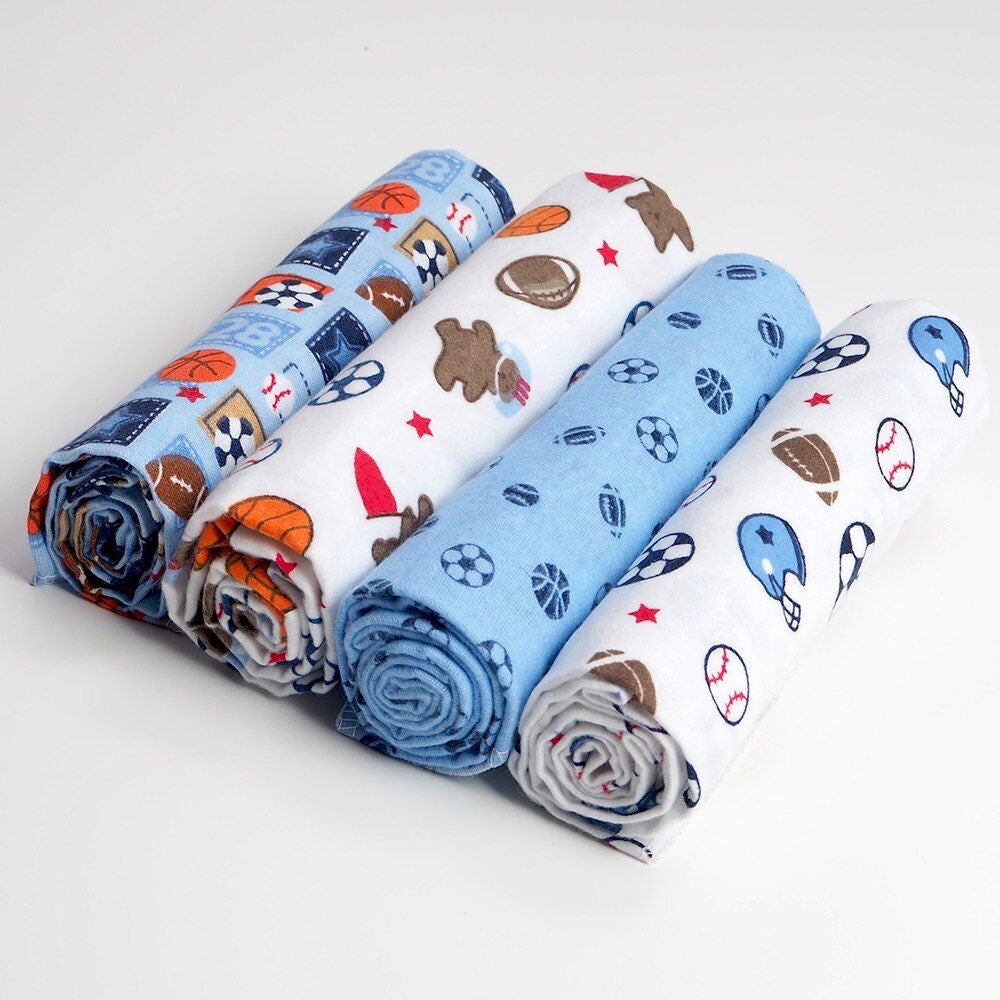 100% Pure Cotton Baby Flannels (4-Pack) – Breathable & Gentle Swaddle Wraps, Burp Cloths, and Nursing Covers for Infants.
