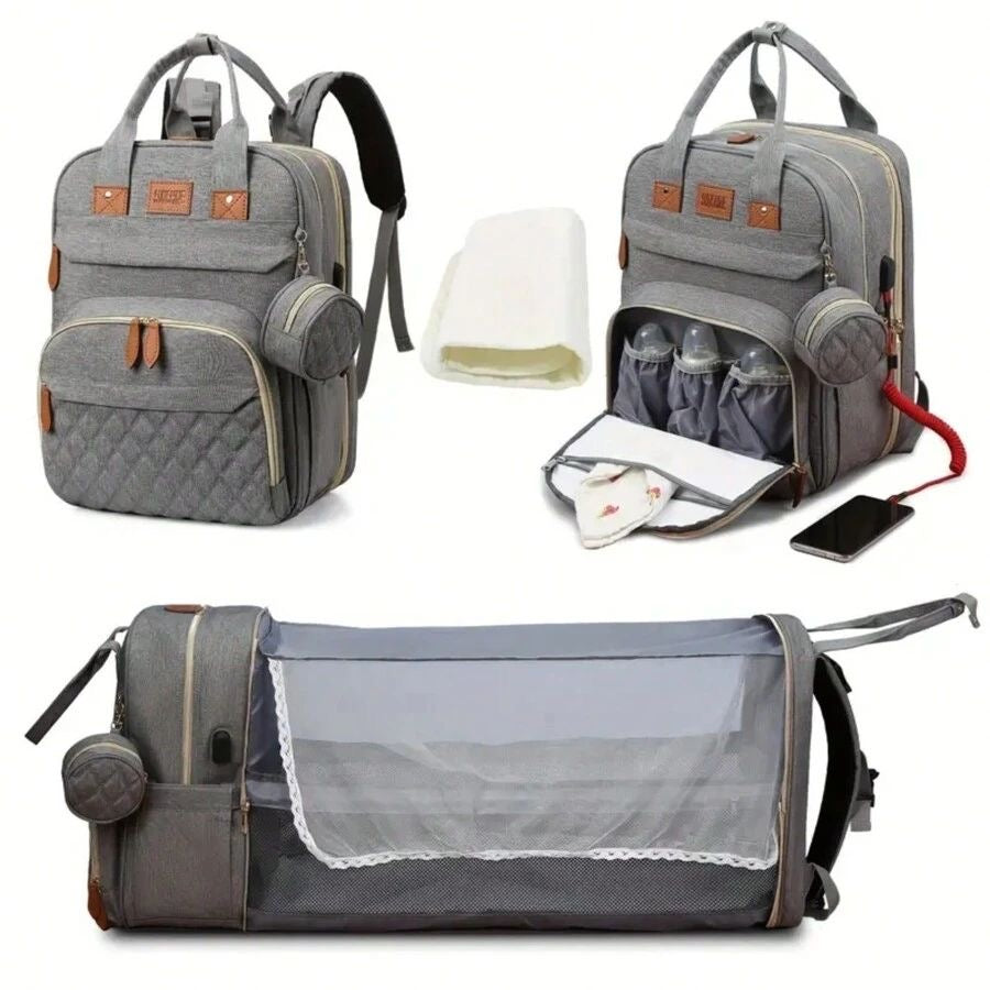 3 in 1 diaper bag with foldable bed and usb charging port