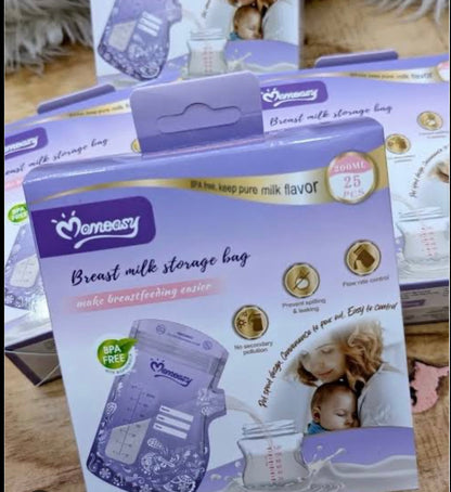 Mom Easy Breast Milk Storage Bags – 200ml Pre-Sterilized Self-Standing Bags – Double Zip Leak-Proof Seal & BPA-Free (Pack of 25)