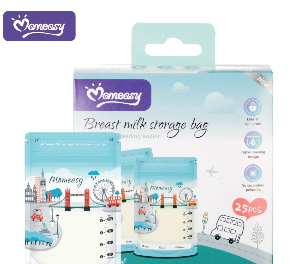 Mom Easy 120ml Breast Milk Storage Bags – Small Capacity Pre-Sterilized Bags – BPA-Free, Double-Zip Leak-Proof Seal (Pack of 25)