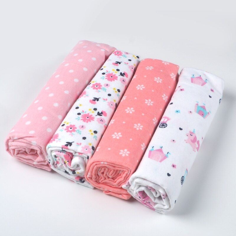 100% Pure Cotton Baby Flannels (4-Pack) – Breathable & Gentle Swaddle Wraps, Burp Cloths, and Nursing Covers for Infants.
