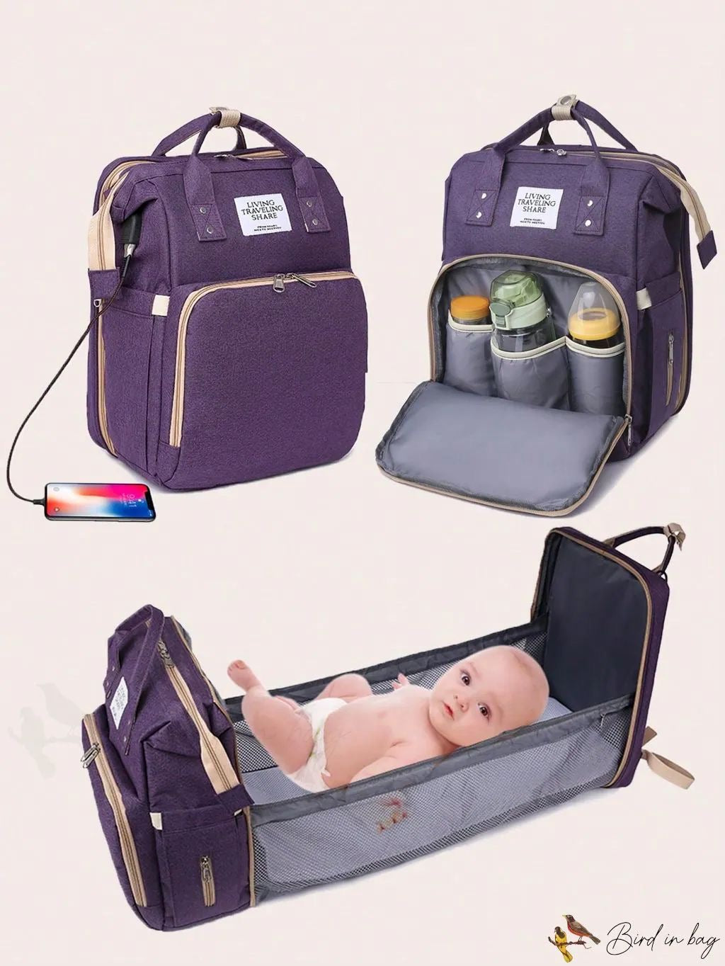 3 in 1 diaper bag with foldable bed and usb charging port