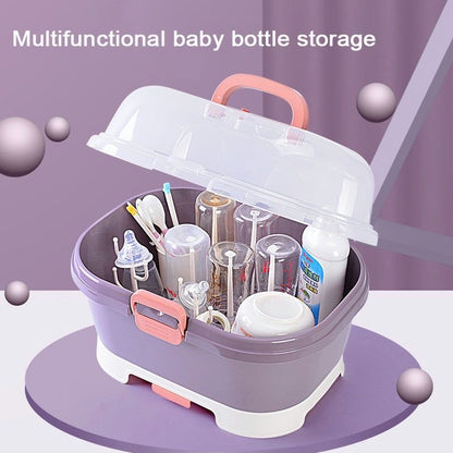 All-in-One Hygienic Baby Bottle Storage Organizer with Transparent Cover | Portable Bottle Dryer & Station for Pacifiers, Sippy Cups, and Pump Parts.