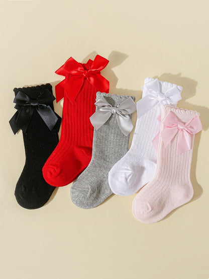 Baby Girl Bow Socks – Soft Cotton Knee-High & Ankle Socks with Ribbon Bows – Non-Slip Frilly Princess Socks for Infants & Toddlers.