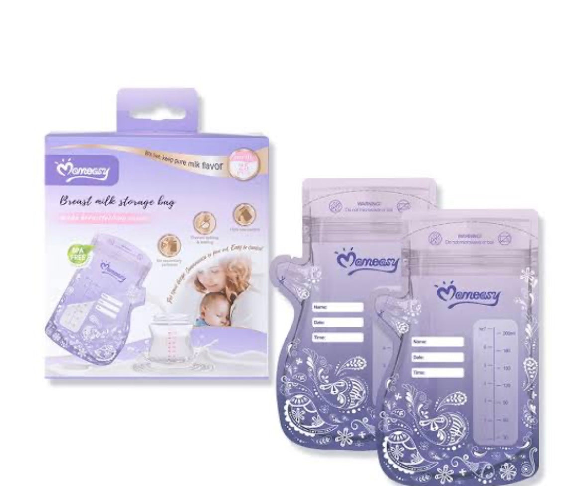 Mom Easy Breast Milk Storage Bags – 200ml Pre-Sterilized Self-Standing Bags – Double Zip Leak-Proof Seal & BPA-Free (Pack of 25)