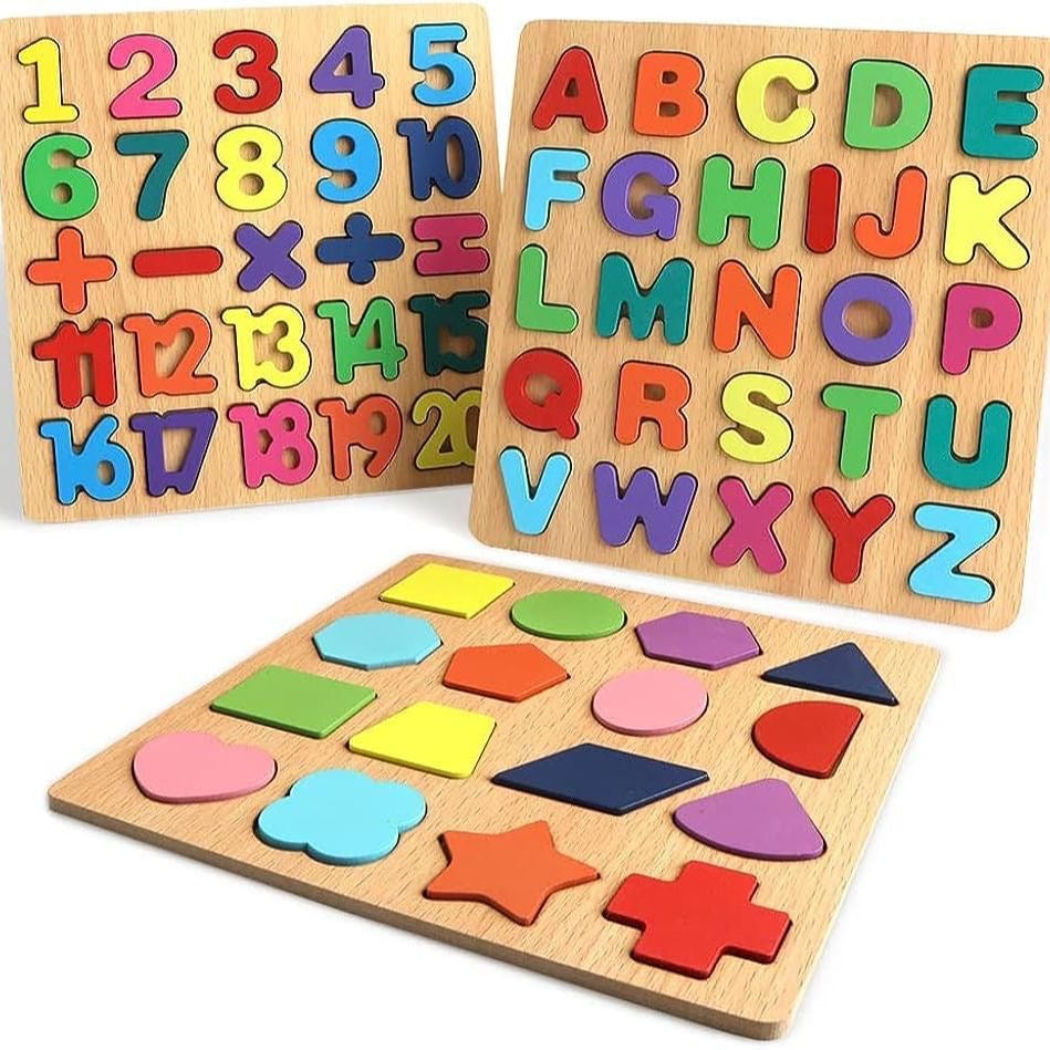 3-in-1 Wooden Educational Puzzle Set – ABC Alphabets, 123 Numbers, & Geometric Shapes – Early Learning Montessori Peg Puzzles for Toddlers & Preschoolers – Non-Toxic Smooth Wood