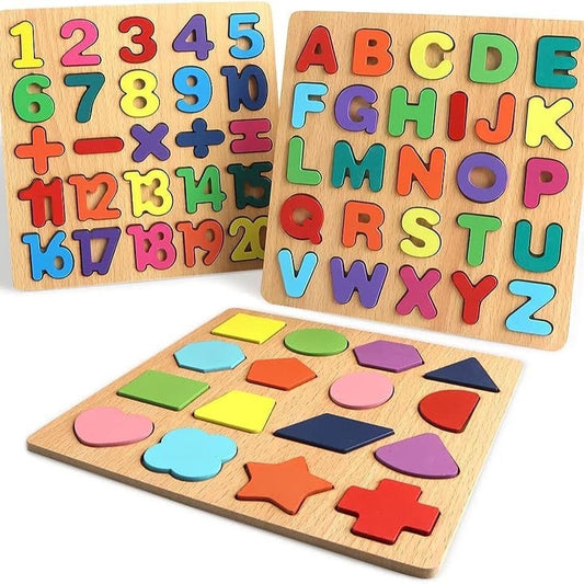 3-in-1 Wooden Educational Puzzle Set – ABC Alphabets, 123 Numbers, & Geometric Shapes – Early Learning Montessori Peg Puzzles for Toddlers & Preschoolers – Non-Toxic Smooth Wood