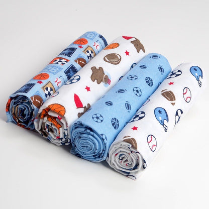 100% Pure Cotton Baby Flannels (4-Pack) – Breathable & Gentle Swaddle Wraps, Burp Cloths, and Nursing Covers for Infants.