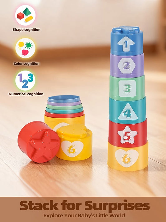 Montessori Stacking Cups for Babies – 8-Piece Nesting Toy Set for Toddlers – Early Development Bath & Sand Toy for Fine Motor Skills & Color Recognition.