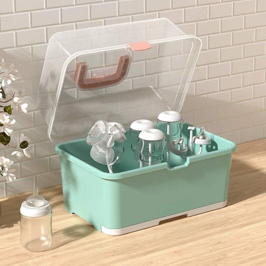 All-in-One Hygienic Baby Bottle Storage Organizer with Transparent Cover | Portable Bottle Dryer & Station for Pacifiers, Sippy Cups, and Pump Parts.