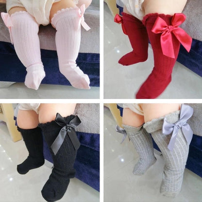 Baby Girl Bow Socks – Soft Cotton Knee-High & Ankle Socks with Ribbon Bows – Non-Slip Frilly Princess Socks for Infants & Toddlers.