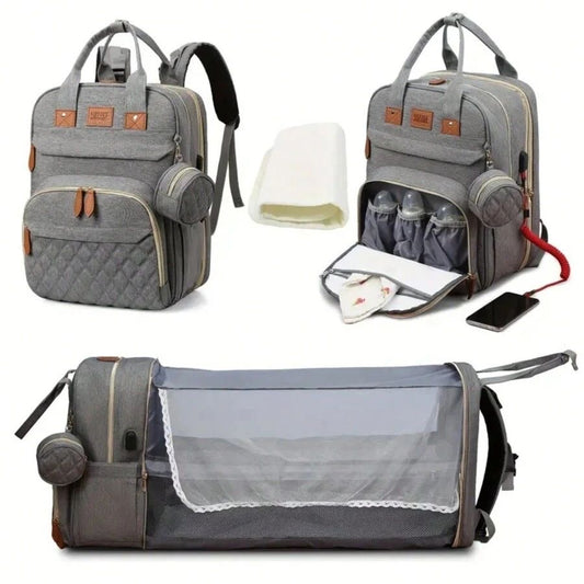 3 in 1 diaper bag with foldable bed and usb charging port