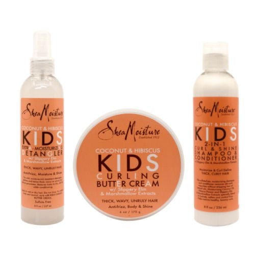 SheaMoisture Kids 4-Piece Hair Care Set:Nourishing Shampoo, Conditioner, Coconut & Hibiscus Detangler Spray & Curling Butter Cream – Sulfate-Free Set for Curly, Wavy, and Unruly Hair.