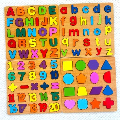 3-in-1 Wooden Educational Puzzle Set – ABC Alphabets, 123 Numbers, & Geometric Shapes – Early Learning Montessori Peg Puzzles for Toddlers & Preschoolers – Non-Toxic Smooth Wood