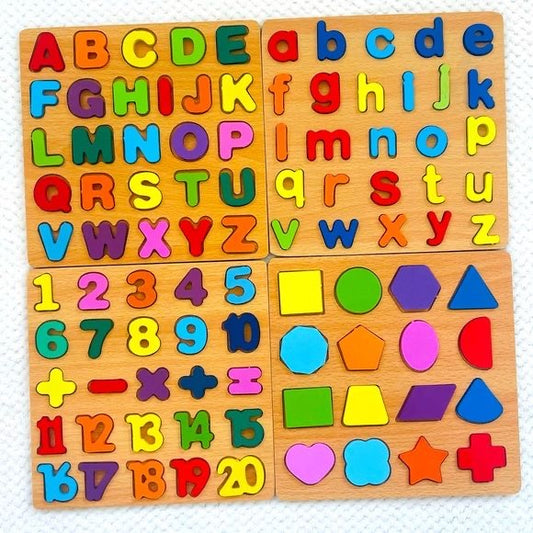 3-in-1 Wooden Educational Puzzle Set – ABC Alphabets, 123 Numbers, & Geometric Shapes – Early Learning Montessori Peg Puzzles for Toddlers & Preschoolers – Non-Toxic Smooth Wood