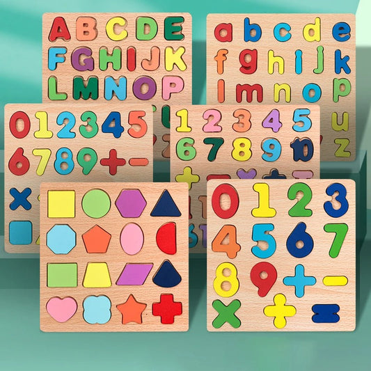Kids Alphabetic Arithmetic Number Geometric Shapes Wooden Puzzle Montessori Preschool Learning Educational Game Toy for Children KidsTopia Baby Essentials