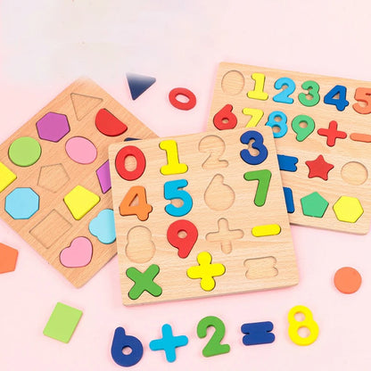 Kids Alphabetic Arithmetic Number Geometric Shapes Wooden Puzzle Montessori Preschool Learning Educational Game Toy for Children KidsTopia Baby Essentials